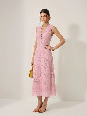 204 Cotton Sleeveless Embroidered Eyelet Dress with Deep V Neck